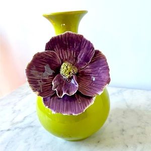 Rare Anthropologie Avocado Green with Purple Poppy Vase